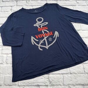 Talbots Woman Navy Blue Bon Voyage Anchor Pima Cotton Shirt 1X 3/4 Sleeve